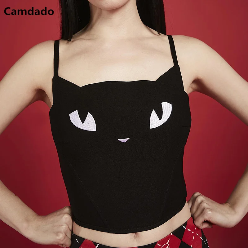 

Women Camisole Sexy Backless Vest 2022 Spring Summer New Cute Cat Eye Print Black Suspenders Slim Short Tank Top Female Clothing