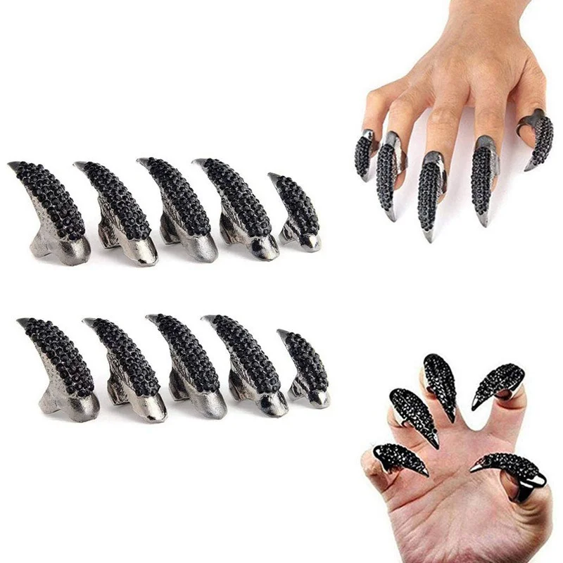 10 PCS Halloween Costume Claws Fake Nails Ring Set, Gothic Punk 3 Sizes Crystal Full Finger Rings Paved Paw Bend