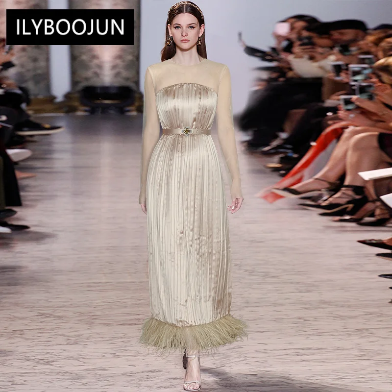 

Dresses For Women 2022 Elegant High Quality O-neck Mesh Long Sleeves Belt Feather Patchwork Elegant Party Midi Pleated Dress