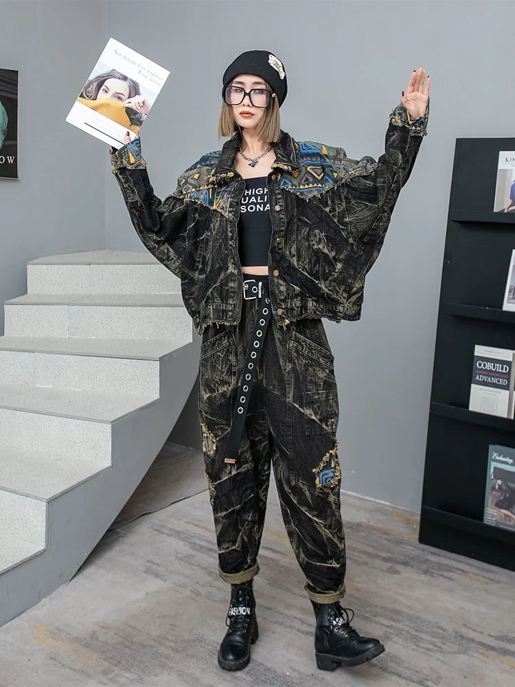 

New Women's Personalized Printed Old Denim Fashion Set Loose Turn-down Collar Coat Streetwear Straight Harem Pants Two Piece Set