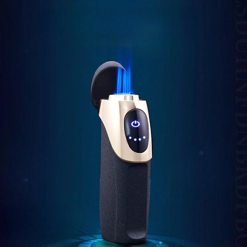 Фото Сенсорный выключатель с гальваническим покрытием, USB-зарядка, зажигалка с тремя струями пламени, синее пламя, металлическая газовая зажигалка, мужской деловой подарок №4