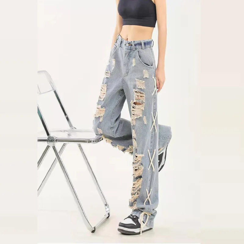 Four Seasons Men's Trousers High Street Trend Big Hole Side Tie Design Hip-Hop Jeans Men's and Women's Same Style Ins Hot Sale