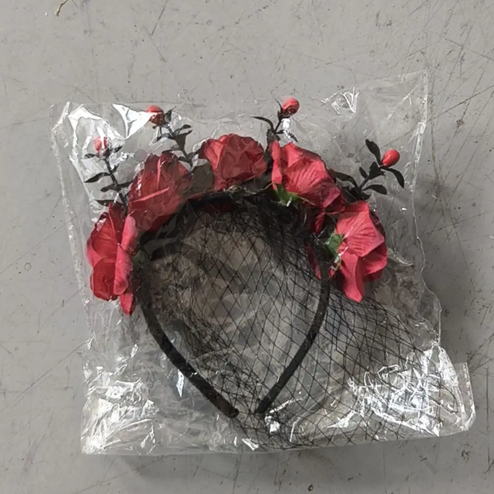 with Veil Halloween Rose Flower Headband Festiva Party Gothic Mexican Crown Mardi Gras Hair Hoop for Women