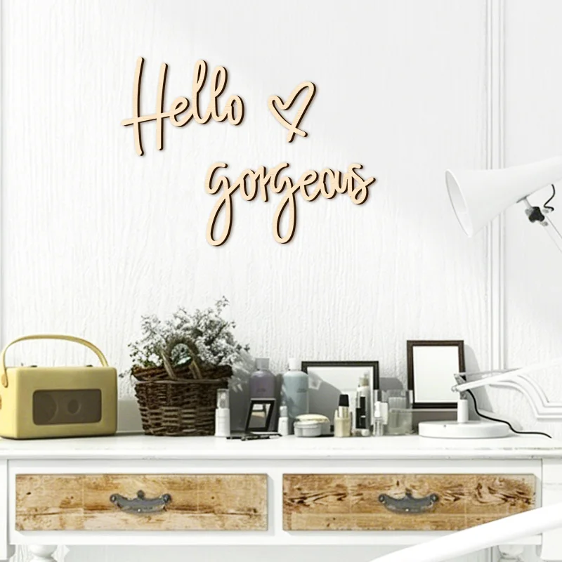 Фото Деревянные наклейки на стену «Hello Gorgeous» для декора салона красоты, комнаты для наращивания ресниц, салона, ванной комнаты №2