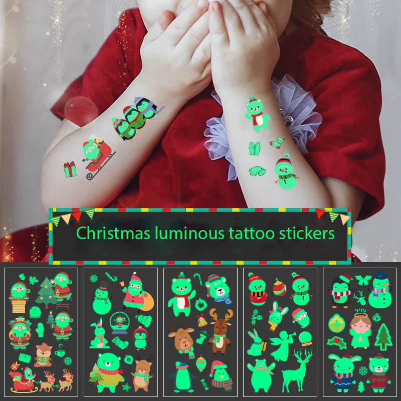 

10pcs Kids Cartoon Christmas Luminous Fake Tattoo Stickers Temporary Tattoos Waterproof Penguin Sticker for Children Festival