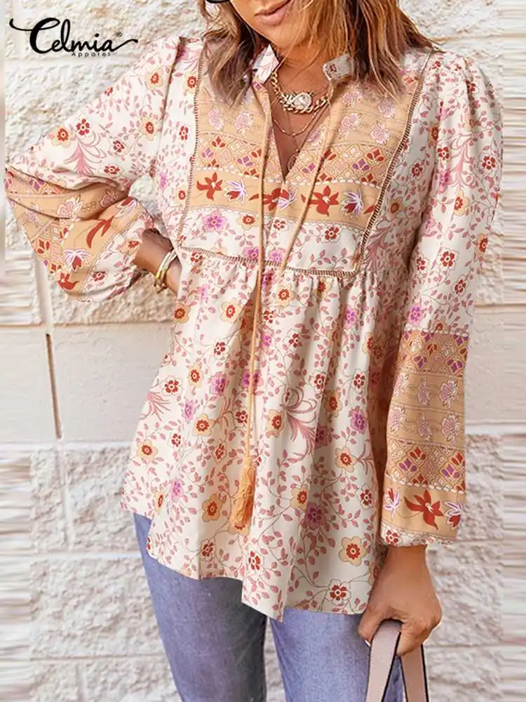 

Women Summer Holiday Blouses Celmia Casual V-neck Puff Sleeve Chemise 2022 Fashion Bohemian Floral Printed Tunic Tops Patchwork