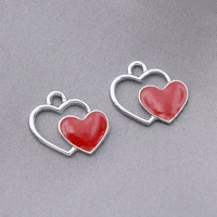 5pcs silver plated red enamel double heart charm pendant jewelry diy making bracelet accessories necklace handmade 13x15mm