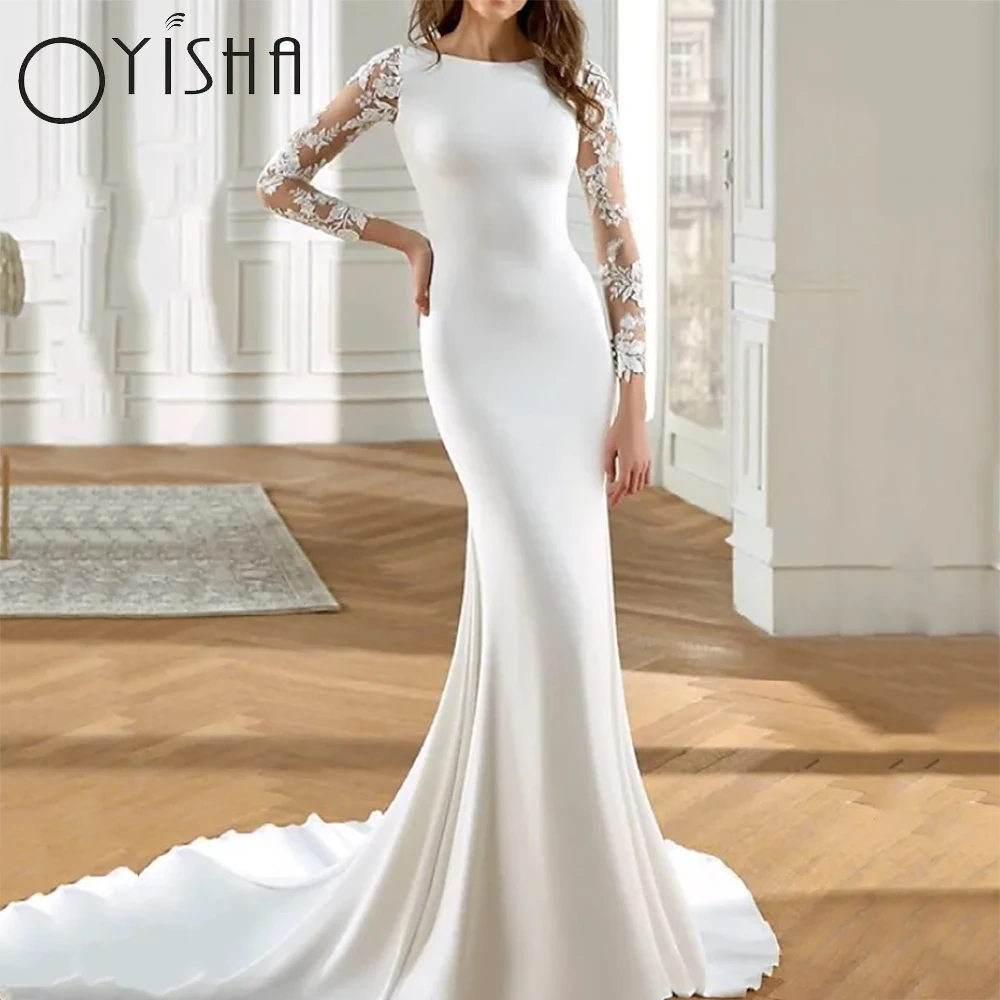 

OYISHA Elegant Lace Long Sleeves Mermaid Wedding Dresses Engagement Sweep Train Scoop Neck 2023 Satin Bridal Gown Robe De Mariée