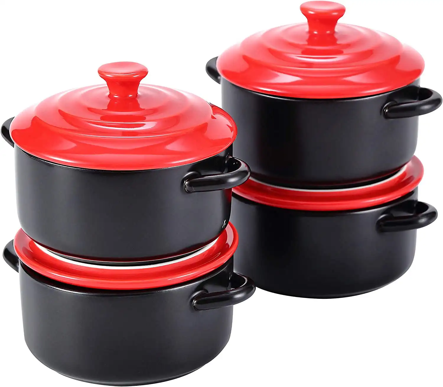 

8.5oz Oven Safe Mini Cocotte Ceramic Ramekins For Baking, Mini Casserole with Lid, Souffle Dish, (Matte Black w/Red Lid)