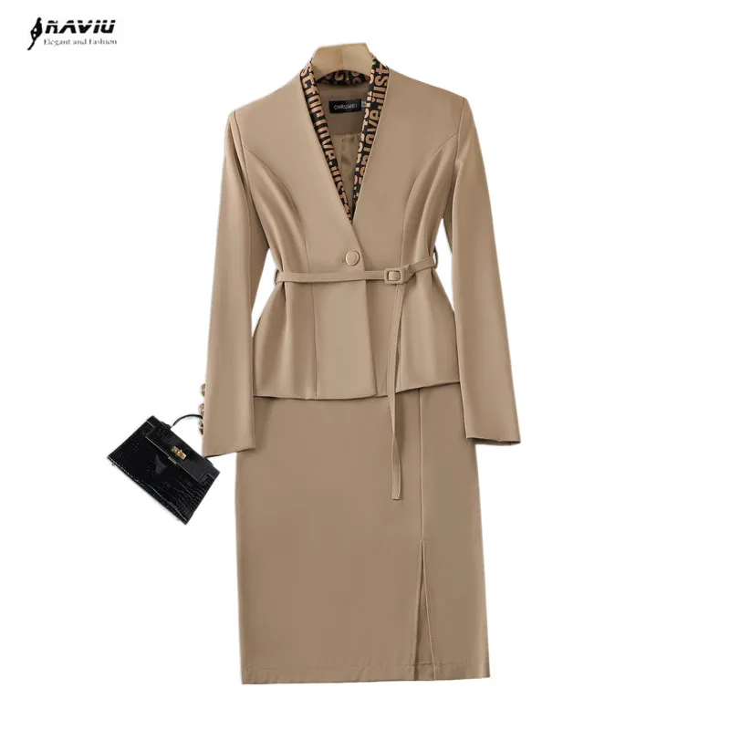 

Khaki Suits Women New 2022 Autumn Fashion Temperament Business Slim Blazer And Skirt Office Ladies Work Wear Black With Scarf