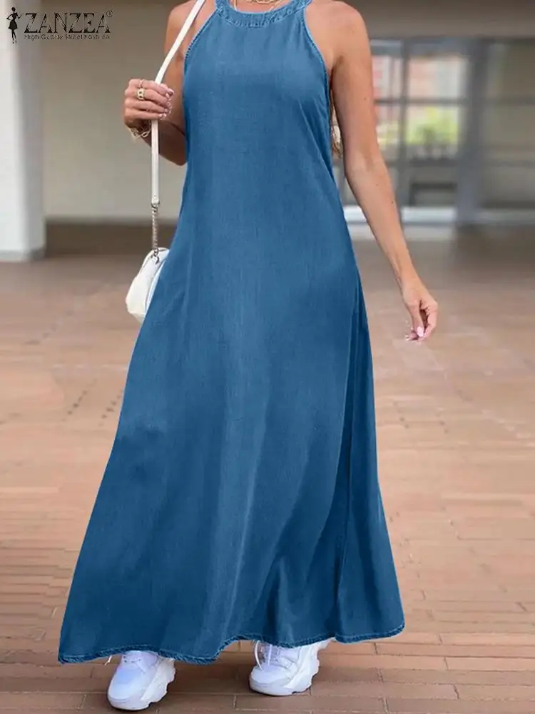 

ZANZEA 2023 Summer Holiday Sundress Halter Oversize Swing Robe Casual Sleeveless Long Dress Denim Women Fashion Sexy Maxi Dress