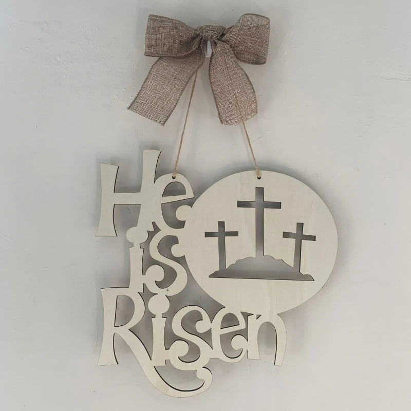 

Easter Wooden Wreath Round Hollow Cross Pendant Hanging Ornament for Home Festival Farmhouse Front Door Decoration