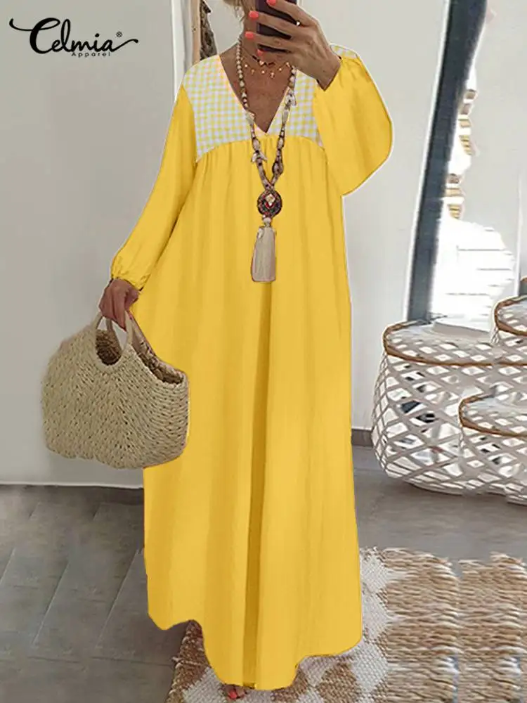 

Celmia Long Sleeve Casual Loose Robes Plaid Patchwork Vintage Vestidos 2022 Autumn Pleated Maxi Dress V Neck Women Party Dress