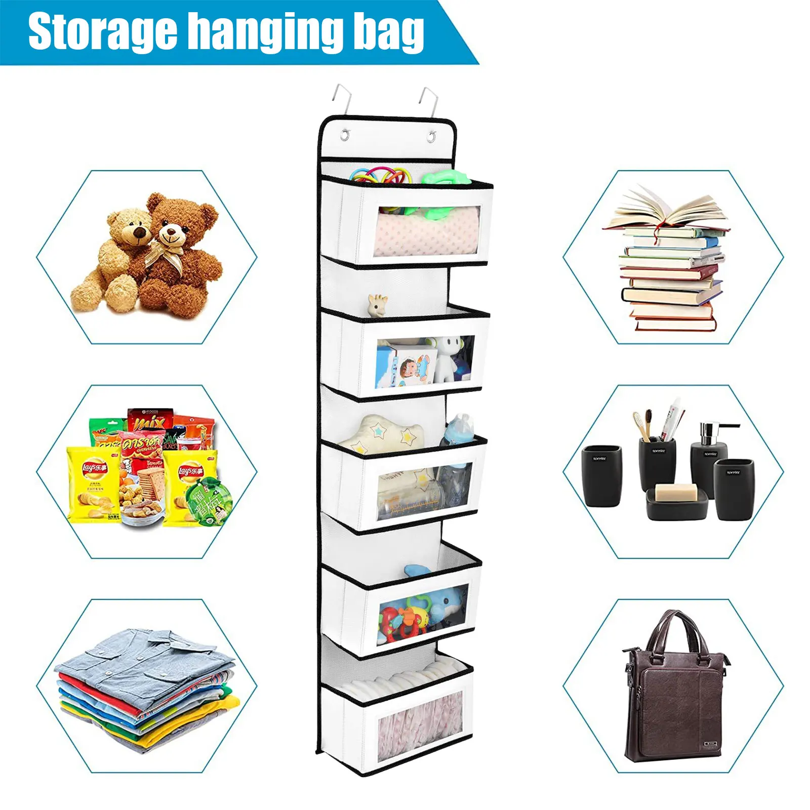 

Over The Door Hanging Shoes Organizer Rack Tidy 5 Large Pockets Shoes Organiser Storage Slippers with Clear Window