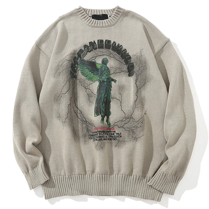 

Men Hip Hop Knitted Jumper Sweaters Angel Lightning Printed Streetwear Harajuku Maiden Autumn Oversize Hipster Casual Pullovers
