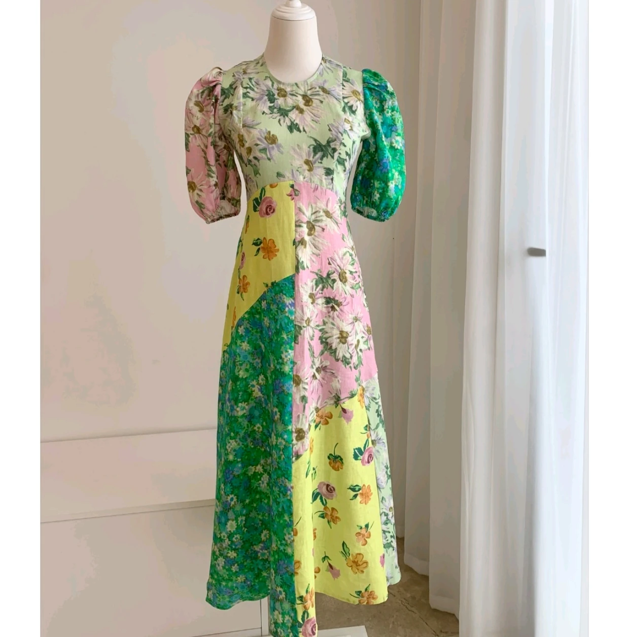 Women Hit the Color Flower Print Midi Linen Dress O Neck Short Sleeve long dress