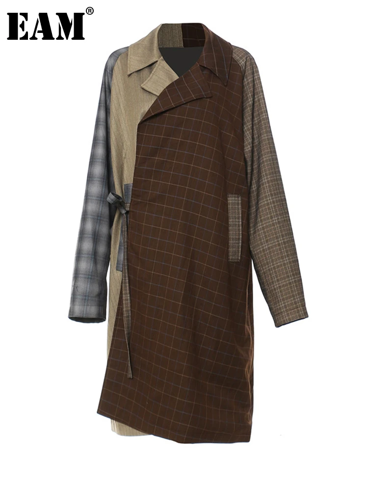 

[EAM] Women Khaki Plaid Color-block Big Size Trench New Lapel Long Sleeve Windbreaker Fashion Tide Spring Autumn 2023 1DF1497