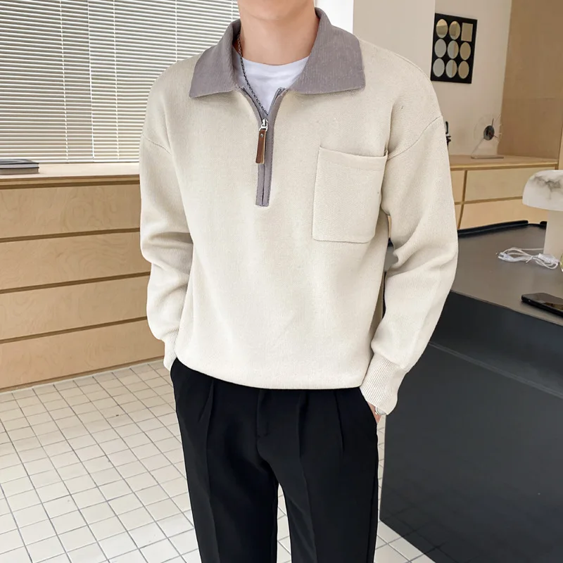 

2023 Fall Casual Knitted Sweatshirts Men Fashion Patchwork Zip-up Lapel Polo Shirt Knit Clothes Mens Leisure Polo Top Streetwear