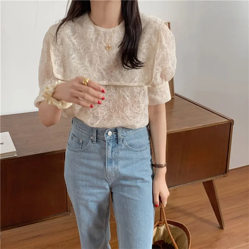 

Embroidery Lace Cute New 2023 Women Chic Gentle Half Sleeves Sweet T-shirts Female Patchwork Girls Loose Navy Style Lapel Tops