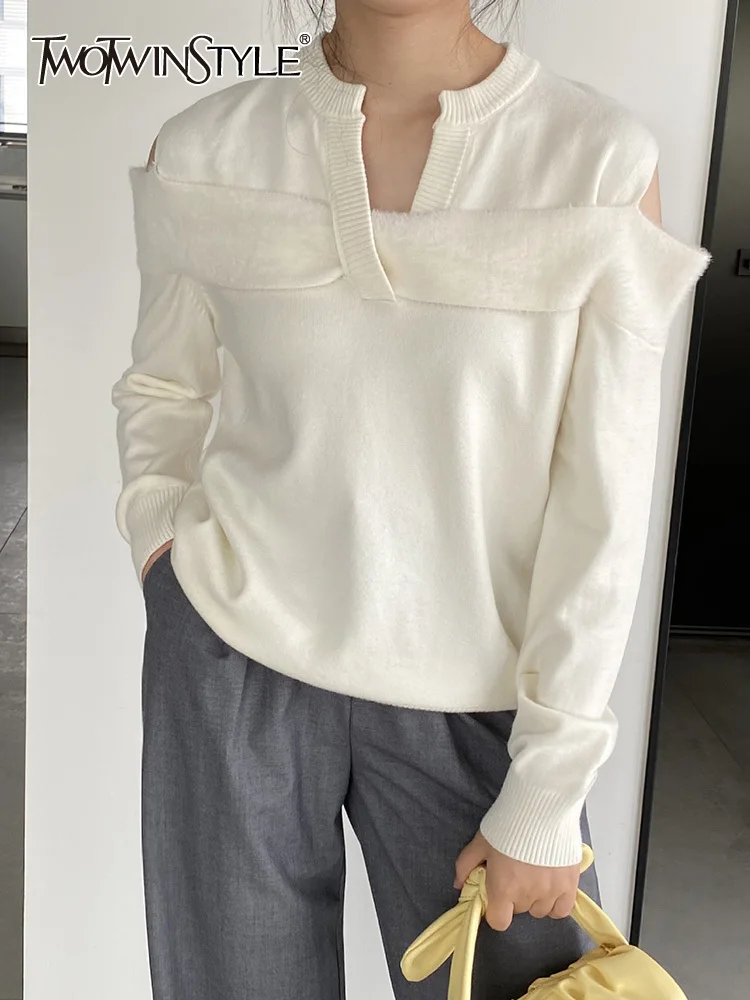 

TWOTWINSTYLE Solid Casual Sweaters For Women V Neck Long Sleeve Off Shoulder Loose Chic Temperament Sweater Female Fashion 2023