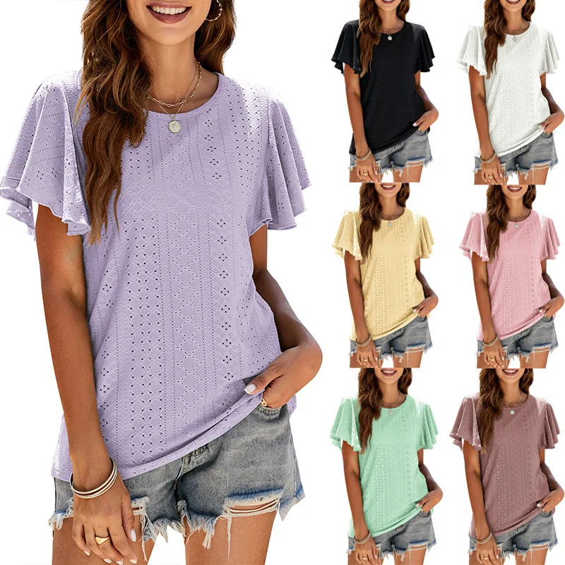 

Women's 2023 Summer New Women's T-Shirt Hollow Waist Ruffle Sleeve Casual