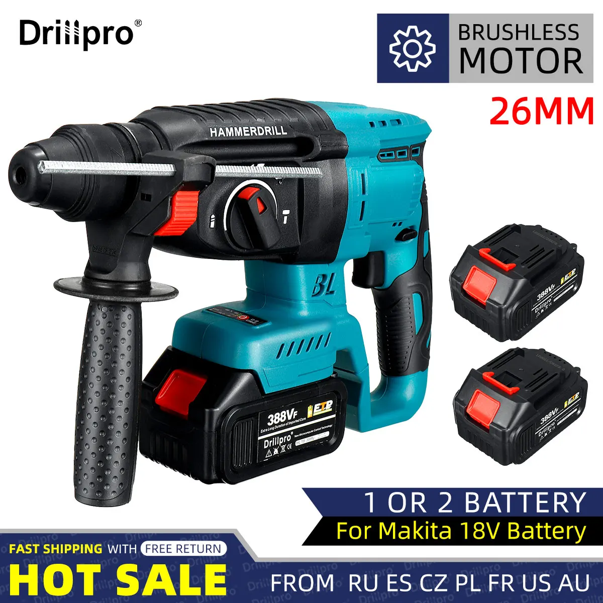 Drillpro 338VF Brushless Rechargeable Rotary Hammer Drill with 2 Batteries Electric Hammer Impact Drill for Makita 18V Battery