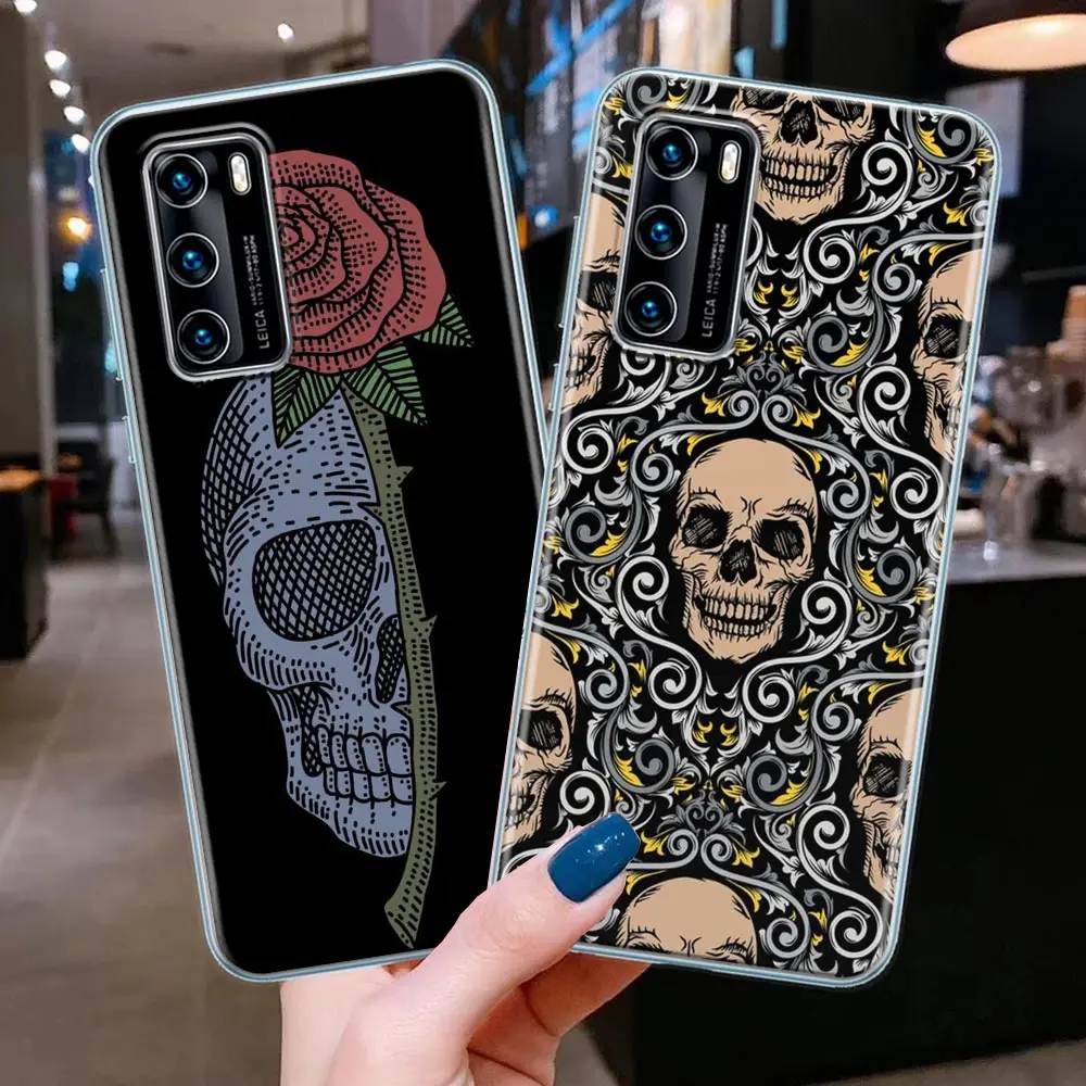 

Clear Phone Case for Huawei P20 P30 P40 Plus Lite 4G P50 Pro P Smart Z 2019 Soft Silicone Cover Retro Style Flower Skull