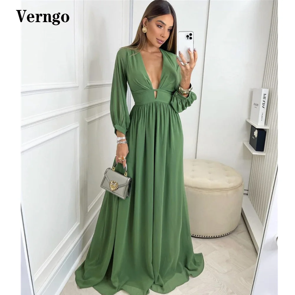 

Женское шифоновое вечернее платье-трапеция Verngo, темно-зеленое винтажное платье до пола с V-образным вырезом и длинными рукавами для выпускн...