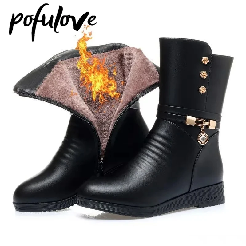 

Pofulove Women Winter Boots Black Fur Boots Leather Ankle Booties Fashion Designer Velvet Plush Warm Botas Flat Shoes Goth