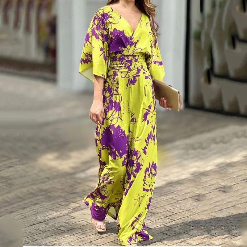 2023 Spring and Summer New Women's Clothing Temperament Elegant Printing Loose Bat Sleeve High Waist Jumpsuit