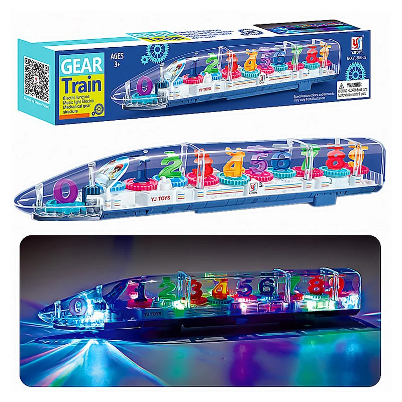 

Electric Transparent Gear Train Universal Walking Train Colorful Lights Musical Toys Christmas Children Gift Early Education Toy