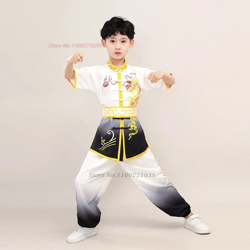 2024 chinese traditional children wushu tai chi martial arts kung fu suit dragon print stage performance training exercise set