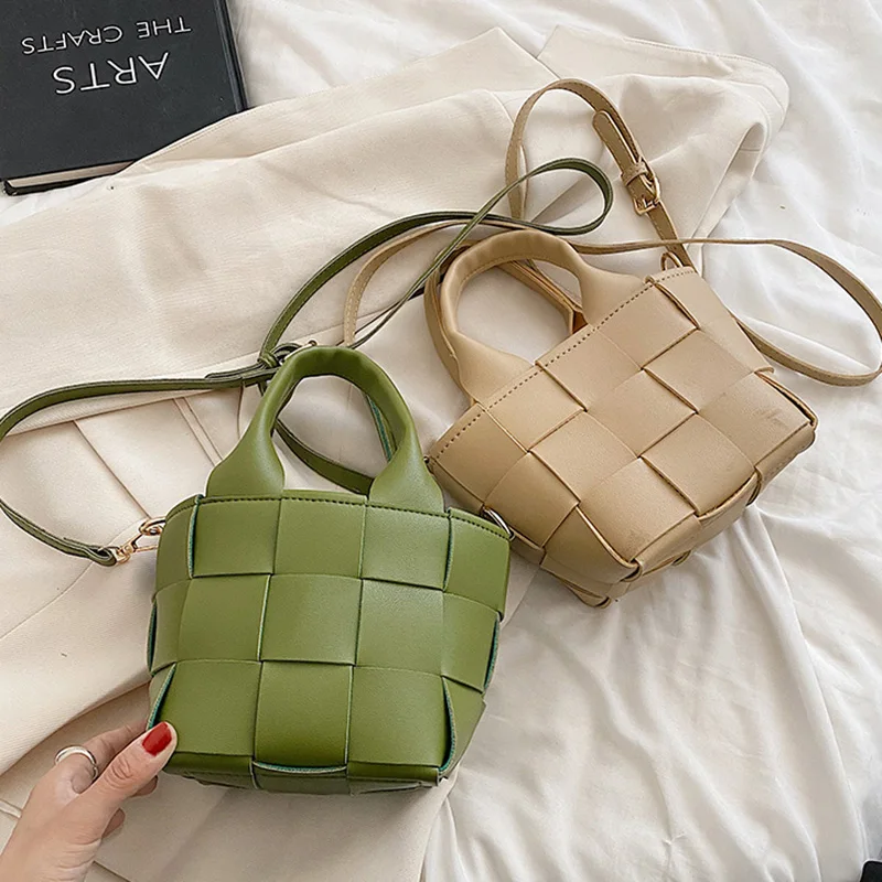 

Weave Crossbody Bags for Women 2022 New Summer Simple Fashion Bucket Tote Side Shoulder Bag Lady Luxury Pu Leather Handbags