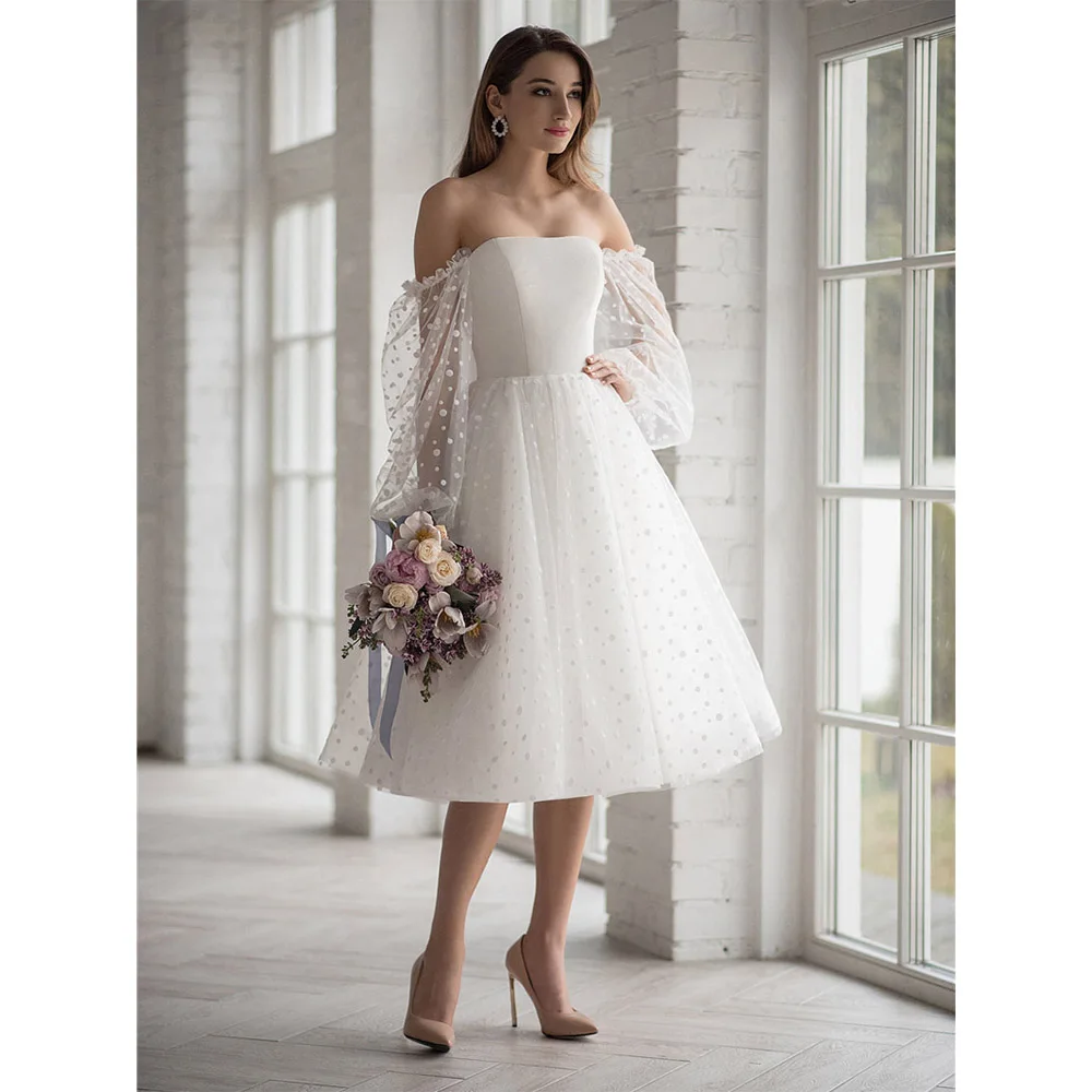 

Modern Strapless Detachable Puff Sleeves A-Line Short Wedding Dress For Women 2022 Dot Pattern Lace Up Back Tulle Bridal Gown