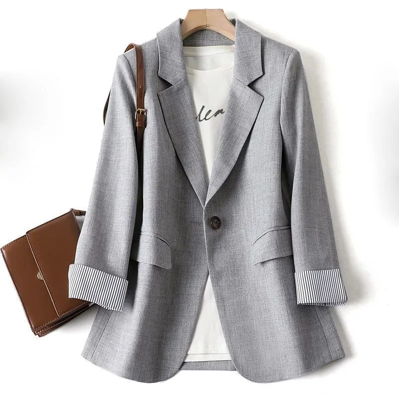 Women Blazers Korean Chic Spring Lady Elegant Coats Single Button Outwear Long Sleeve Plaid Suits Women Office Blazer Jacket 6XL