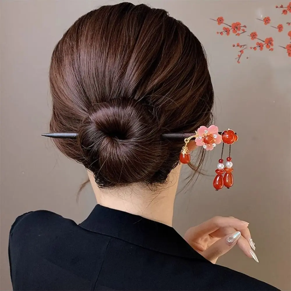 Ретро Цветочная деревянная шпилька для волос красная Новогодняя Hanfu шпильки