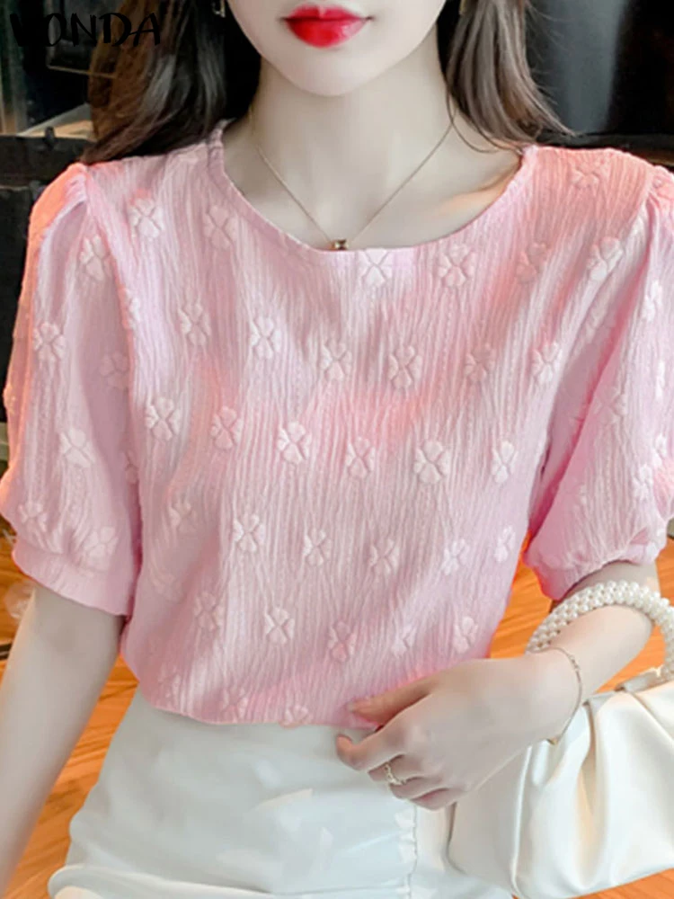 

2022 стильная женская офисная блузка VONDA в стиле оверсайз, топы, женские повседневные блузы с круглым вырезом, однотонная короткая уличная блу...