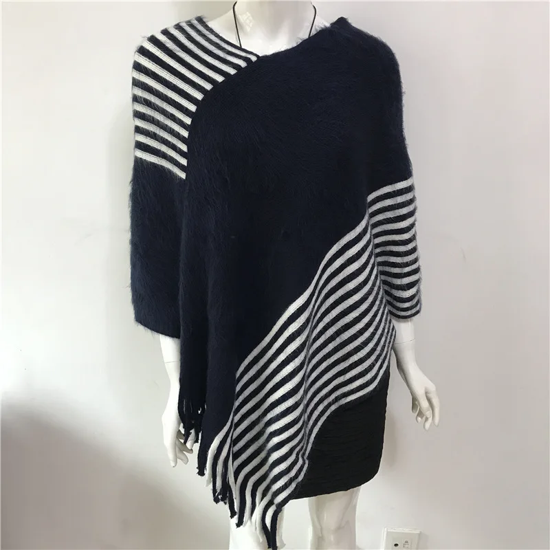 2022 Spring Autumn New Loose Stripe Two-color Contrast Tassel Pullover Cloak Shawl Women Sweater  Kitting Poncho Cape Navy