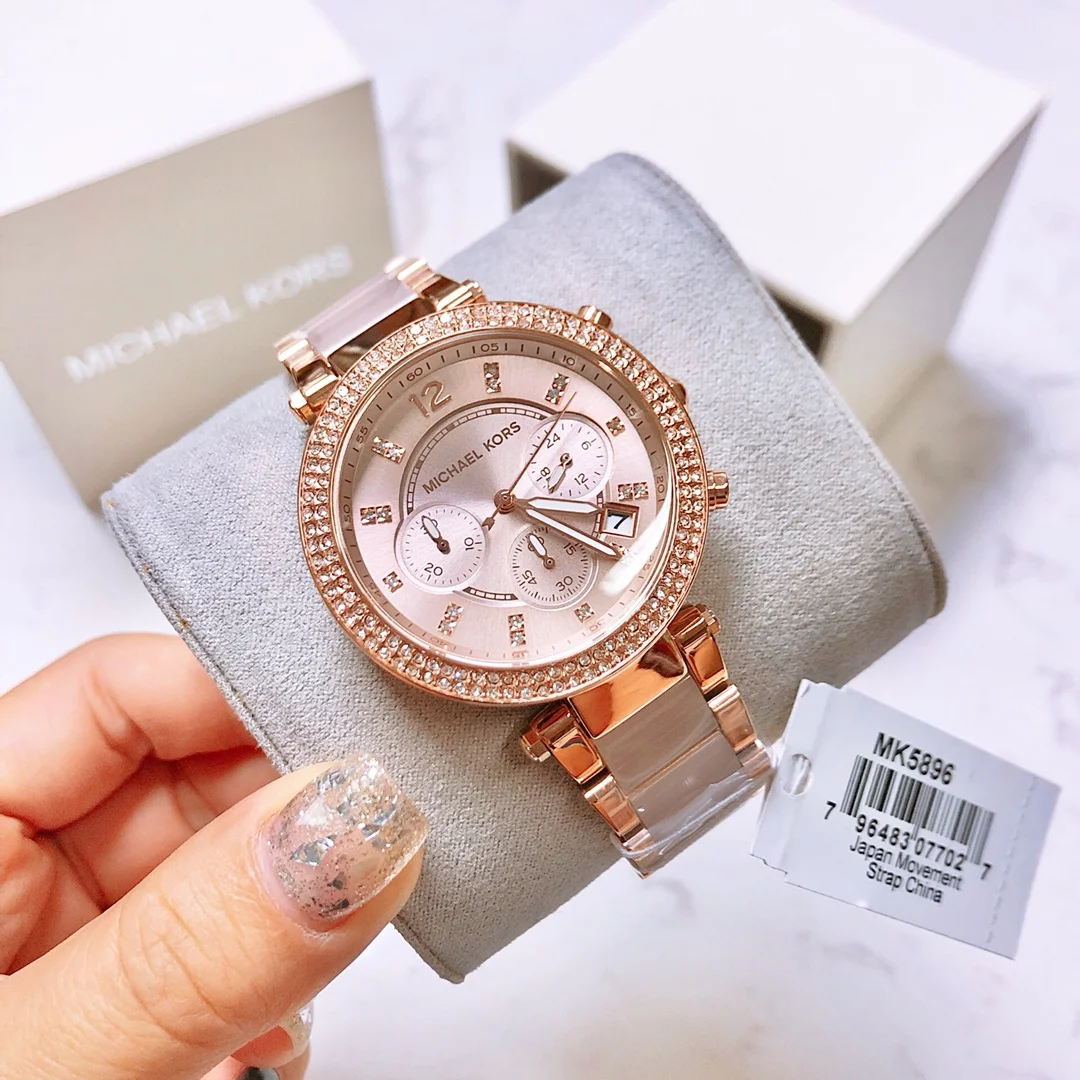 Фото Часы Michael Kors Parker MK5896 39 мм, роскошные, с бриллиантами, женские, модные, кварцевые, с эффектом «дыхания цветов», из нержавеющей стали и полимерного композита, наручные №2