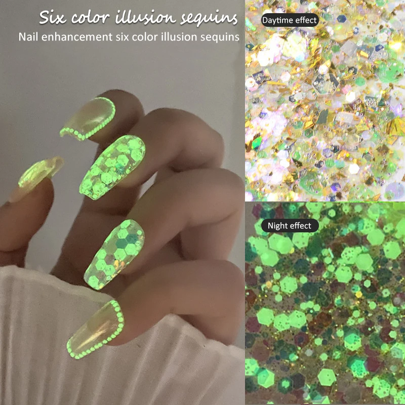 

6 Colors Luminous Nail Neon Glitter Sequin Mixed Hexagon Fluorescent Flake Glow Nail Art Manicure Decoration Nails Accessories