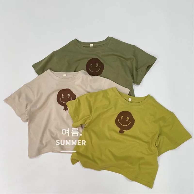 

Summer Outfits Baby Soft Cotton Cartoon Short Sleeves T-shirt Girl Children Smile Print Casual Tees Kid Boy Fashion Solid Tops