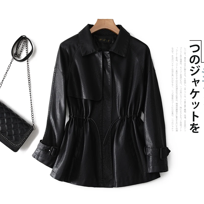 2022 Autumn Blue Short Leather Jacket Women Korean Fashion Drawstring Zipper Faux Leather Coats Female Long Sleeve Outerwear