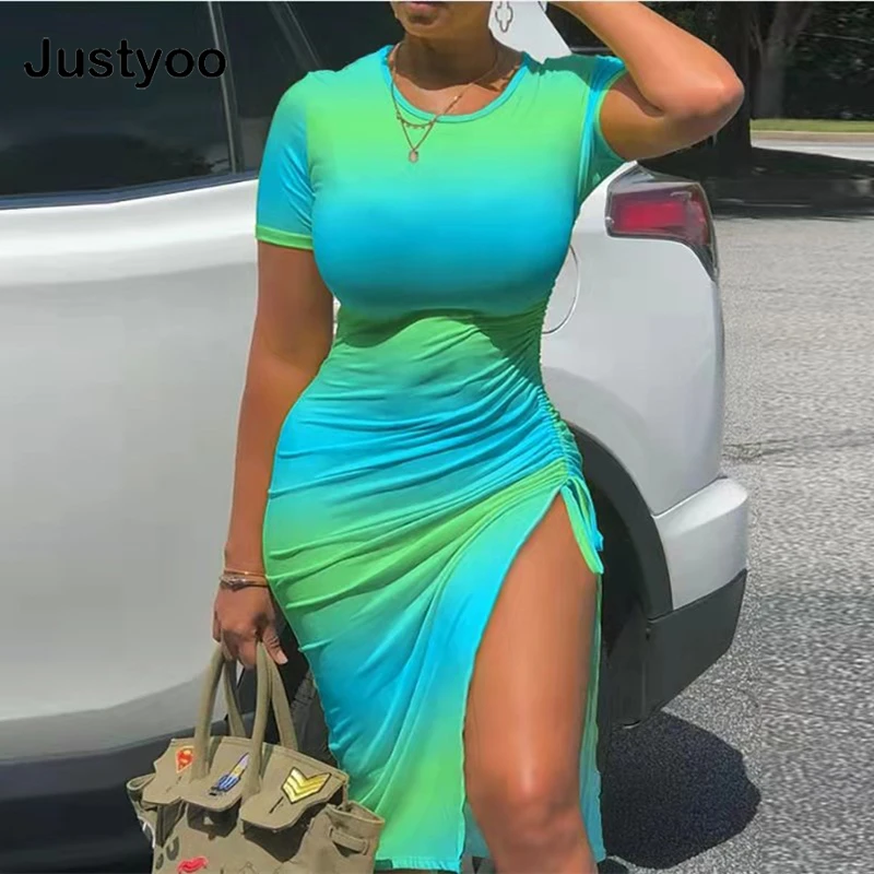 

2022 Sexy Skinny Dress Women Ink Splash Print Short Sleeve Drawstring Ruched Dress ummer Casual Slit Party Dress Loungewear