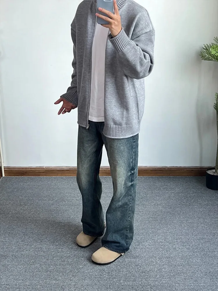 Double Zipper Cardigan sweater Men's Winter coat Original Lazy Japan fashion Retro Loose Casual Knitted Sweater