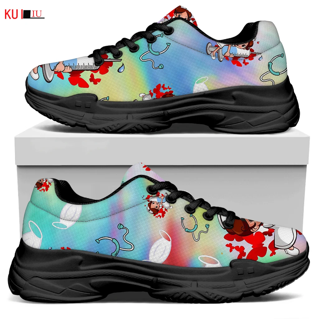 

KUILIU Gradient Nurse Print Women Platform Shoes Comfortable Mask Pattern Brand Casual Flat Bottom Breathable Mesh Shoe For Lady