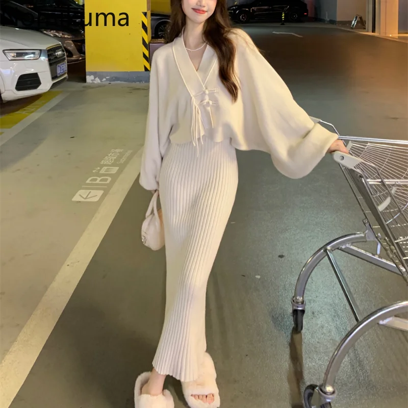 

Nomikuma Conjuntos De Falda Autumn Winter Lantern Sleeve Slim Bodycon Ensembles De Jupes Elegant Fashion Womens Two Peice Sets