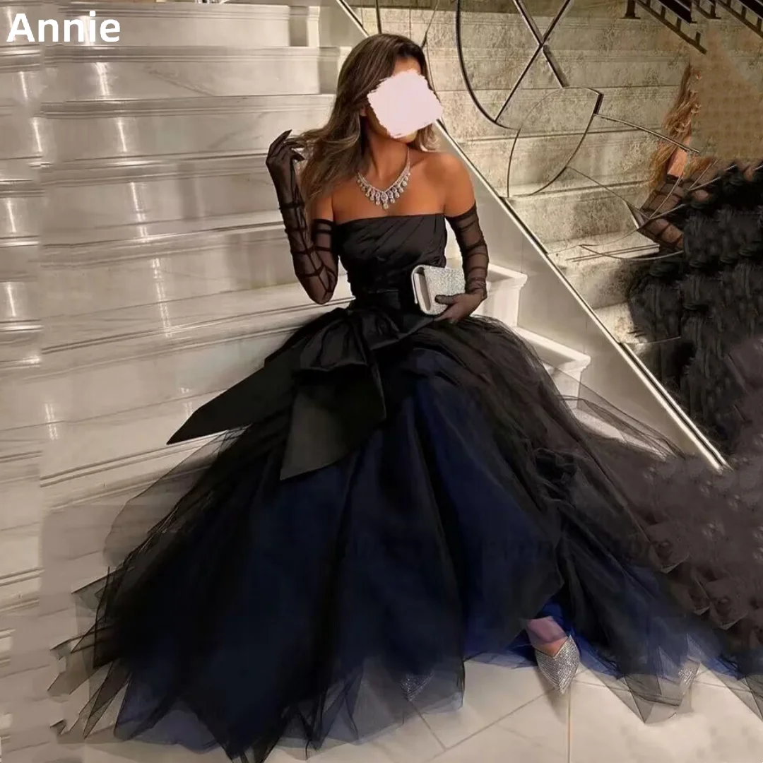 

Annie Strapless Tulle Prom Dresses Black Lace Sleeves Cocktail Custom Evening Dress Saudi Arabia A-line 2023فساتين السهرة