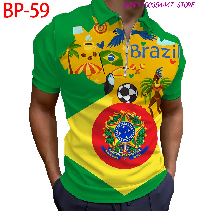 

New BRAZIL Style Short Sleeve Zipper Polos Summer Breathable Thin Men's Comfortable HD Digital Print Polyester T-shirt Tops