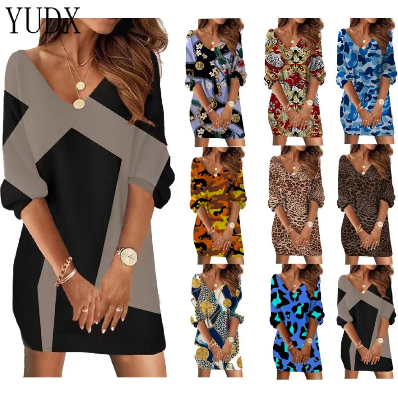 

YUDX 2023 European and American New Casual Loose V-neck Floral Print Mid-Length Sleeves Women's Dress y2k Women's dress Dresses