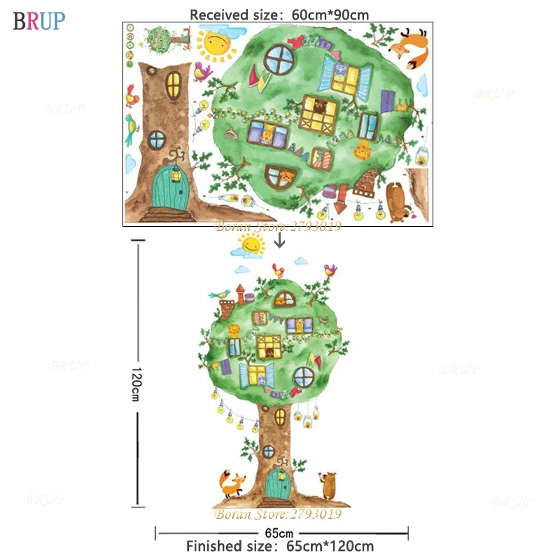 

Настенные наклейки БРУП мультяшное дерево и животные 90x60 см